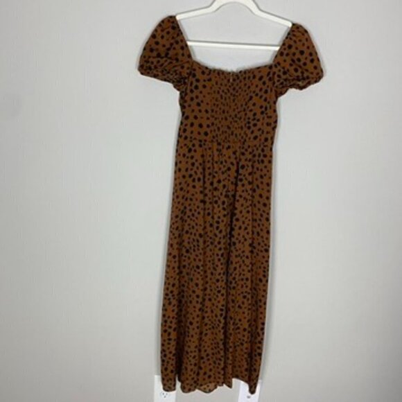 JL Luxe Kourt Cheetah Animal Print Midi Dress Womens 4 Brown Square Neck Smocked - Picture 8 of 9